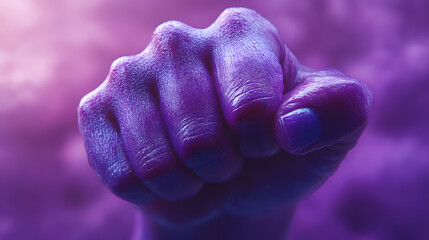 Fist raised in a bold gesture on a purple background during an artistic representation of strength and determination