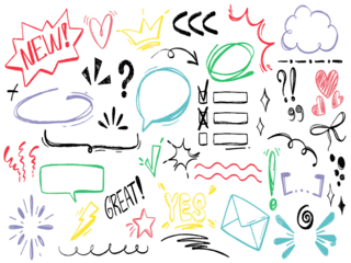 Colorful Hand-Drawn Doodle Elements with Speech Bubbles, Arrows, and Symbols