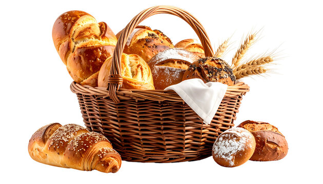 A wicker basket overflowing with various types of fresh baked bread and wheat