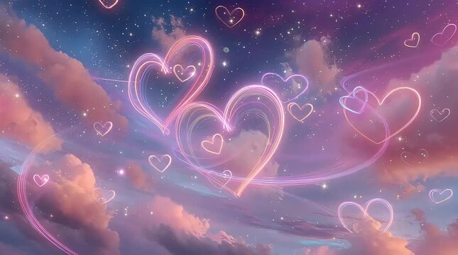 Neon Heart Shaped Lights Floating in a Dreamy, Pastel Colored, Cloudy Sky