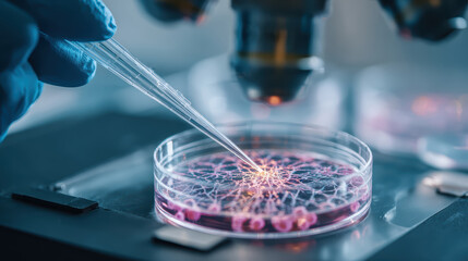 Scientist performing precise CRISPR gene editing modification on plant cells in sterile biotechnology laboratory with digital DNA visualization. Breakthrough crop innovation future food technology.