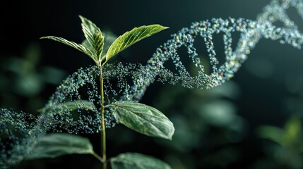 Plant genome represented as editable digital data layers merging with organic plant tissue. Precision agricultural engineering sustainability biotechnology innovation molecular science research.