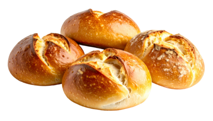 Four golden-brown, crusty bread rolls with a scored top, isolated against a dark backdrop