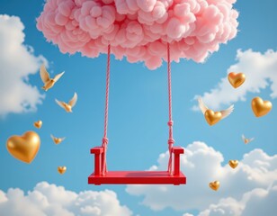 Whimsical Valentine's Swing: Red Seat on Pink Cloud with Golden Hearts and Marshmallow Ropes in a Dreamy Blue Sky for Romantic Imagery.