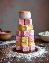 Marshmallow Castle on Chocolate: Surreal Sweet Treat for Valentine's Day with Toasted Top and Kitchen Mess Background, Perfect for Dessert Photography