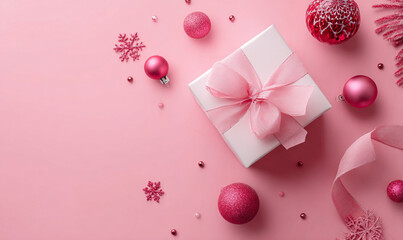 Elegant Pink Christmas Gift Box with Ornaments and Snowflakes on Pink Background