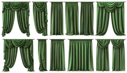 Eight different styles of opulent green drapery, hanging against a dark background