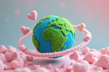 Furry Earth with Heart Rings: A Whimsical Valentine's Planet with Velvet Continents and Furry Oceans for a Cute and Weird Dopamine Decor Aesthetic