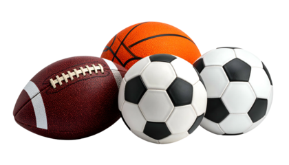 Grouping of four different colored balls for popular sports against a black backdrop