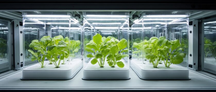 Engineered plants growing inside modular bioreactor systems, sustainable manufacturing concept, combining biotechnology and agriculture to produce renewable materials and future ready industrial.