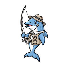 Funny cartoon shark character holding a sword in a cute vector illustration style