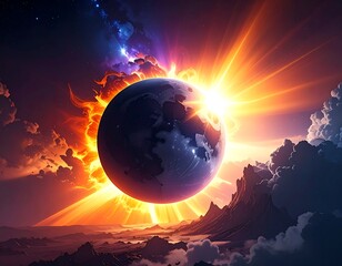 Earth-like planet bathed in brilliant light, set against vibrant nebula and cloudscape with mountain range backdrop