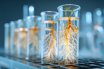 Close perspective of plant root system being analyzed for genetic modification using advanced biotechnology laboratory instruments, sustainable agricultural crop innovation research concept.