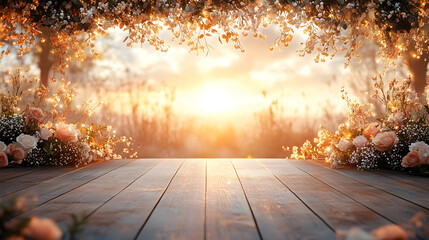 Beautiful sunset view framed by flowers and greenery with wooden floor in a natural setting during the evening