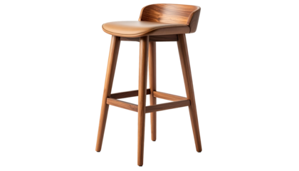 A mid-century modern bar stool with a wooden frame and leather seat, set on a dark background