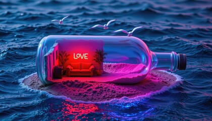 House-Sized Message in a Bottle: Cozy Love Oasis on a Pink Sand Island with Neon Lights, Perfect for Valentine's Day.