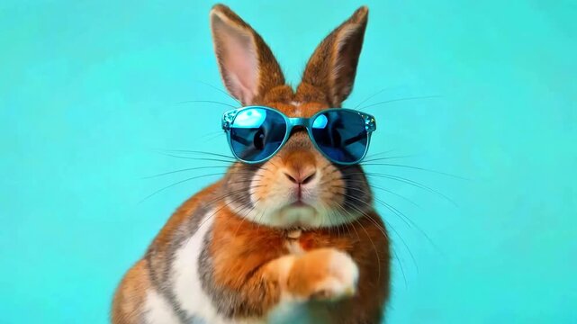 Cool rabbit wearing bright blue reflective sunglasses against a vibrant turquoise background featuring long whiskers and expressive upright ears perfect for summer fun or easter themes