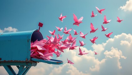 Electric Blue Mailbox Overflowing with Origami Bird Letters Ascending to the Sky