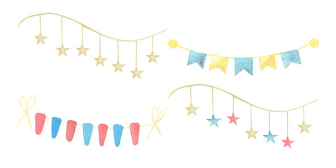 Obraz premium Watercolor set of Garlands with flags and stars in soft tones. Drawing pennants for baby showers, greeting cards or children's party invitations. Decoration of kindergartens and holiday decorations.