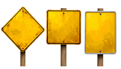 Three aged, yellow signs on wooden posts, in different shapes, with a grunge texture