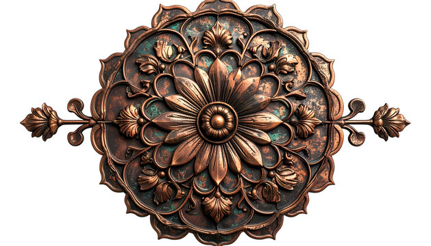 Ornate, symmetrical metalwork with floral design and aged patina