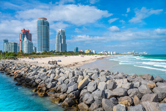 Rocky Shoreline and Breakwaters at South Pointe Park in Miami Beach, Florida