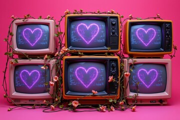 Vintage TVs with Glowing Heart Static, Cyberpunk Meets Cottagecore Aesthetic, Perfect for Valentine's Day, Technology and Nostalgia