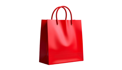 A vibrant, glossy red shopping bag with handles, isolated on a stark black background