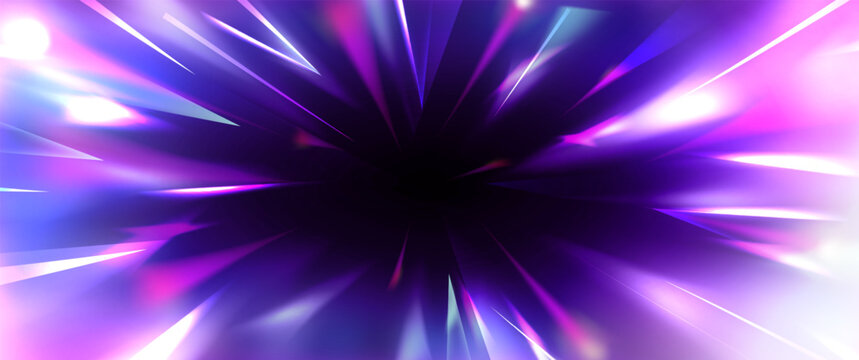Speed light rays burst from dark center with radial motion blur effect. Dynamic zoom perspective with neon pink and purple beams radiating outward. Explosive starburst energy trails on black bg.