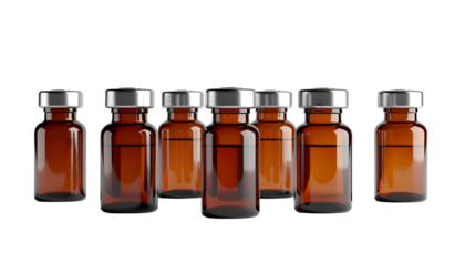 A row of seven small, brown glass vials with silver caps, set against a black backdrop