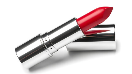 Red lipstick with silver case on white background