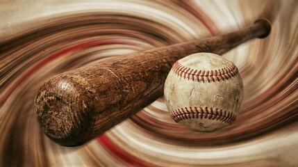 Old wooden baseball bat with a worn ball, embodying competition and healthy lifestyle through sport equipment