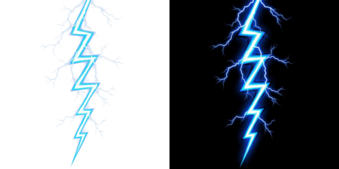 A dramatic illustration of two bright blue lightning bolts on a black background