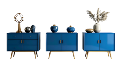 Three blue cabinets with gold legs, various decor on top, against a black background