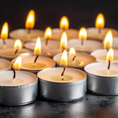 Group of lit tea light candles with flickering flames on a textured, dark surface, casting a warm, inviting glow