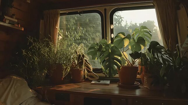 Cozy indoor plants bathed in natural light from a large window in a rustic room