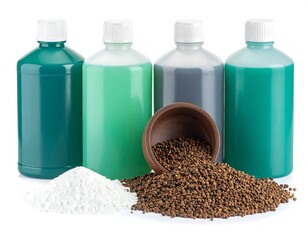 Four bottles of liquids, powder, and granules are posed against a white backdrop in an aesthetic studio setting