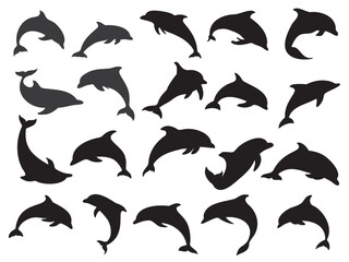 vector set of dolphin silhouettes in different swimming poses, designed as clean solid black shapes suitable for illustration use.