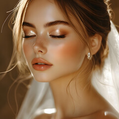 Bride shows beauty with makeup and veil, ready for ceremony in soft light
