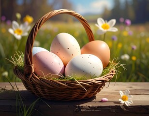 Easter basket filled with painted eggs, set on wood against a meadow with daisies and colorful wildflowers