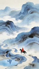 Ink Wash Painting of a Lone Rider in Red Attire Traveling Through a Misty Blue Mountain Landscape, Capturing the Ethereal Chivalric Spirit of Chinese Wuxia