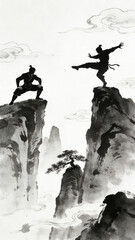 Ink Wash Painting of Two Wuxia Warriors Dueling on Cliff Peaks Amid Misty Mountains, Capturing Traditional Chinese Martial Arts and Chivalry Spirit