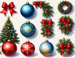 Festive holiday decorations ribbons, ornaments, wreaths, and a small decorated tree on a plain, white background
