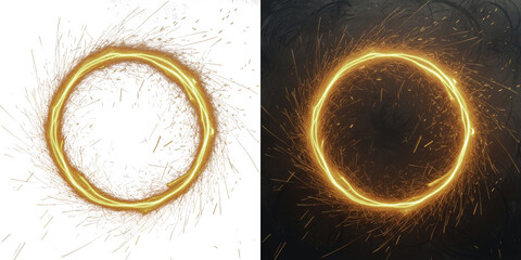 Naklejka premium A glowing golden ring with sparks flying around it in a dark background