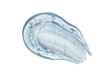 Viscous, transparent, pale blue gel swatch with swirled textures, air bubbles, shimmering on a white background with copy space, concept for luxury skincare advertising