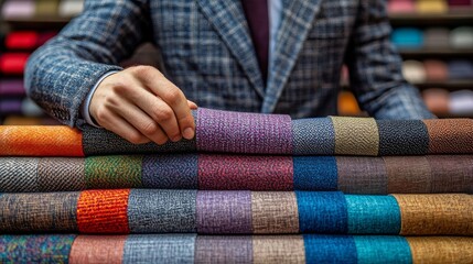 Close-up of a tailor's hand selecting colorful wool fabric swatches. Professional photography style. Ideal for fashion design blogs, textile websites, and bespoke tailoring industry topics.
