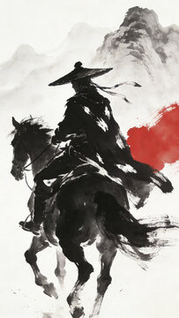 Ink Wash Painting of a Chivalrous Swordsman Riding a Galloping Horse, with a Red Accent and Mountain Background, Capturing Dynamic Chinese Wuxia Martial Arts Spirit