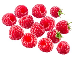 Group of plump, ripe raspberries scattered against a white background, highlighting their vibrant red color and textured surface