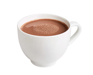 A comforting mug of rich, frothy hot chocolate, perfectly prepared and presented in a clean white ceramic cup, isolated against a crisp white background, ready to be enjoyed.