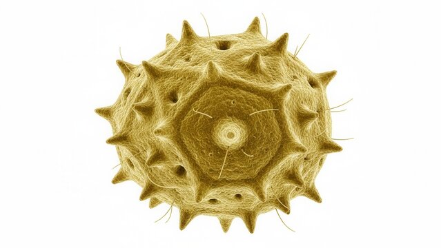 Intricate microscopic detail of a spiky biological particle on a pristine white background